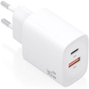 Cargador de Pared GaN Aisens A110-0952/ 1xUSB Tipo-C/ 1xUSB/ 30W/ Blanco