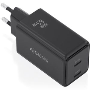 Cargador de Pared GaN Aisens ASCH-65W2P079-BK/ 2xUSB Tipo-C/ 65W/ Negro