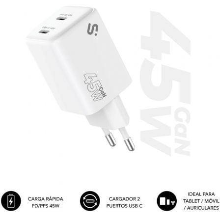 Cargador de Pared GaN Subblim 45W Charger USB C+C/ 2xUSB Tipo-C/ 45W - Imagen 4