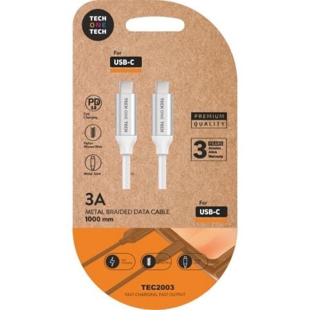 Cable USB 2.0 Tipo-C Tech One Tech TEC2204/ USB Tipo-C Macho - USB Tipo-C Macho/ Hasta 20W/ 480Mbps/ 1m/ Blanco - Imagen 4