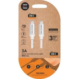 Cable USB 2.0 Tipo-C Tech One Tech TEC2204/ USB Tipo-C Macho – USB Tipo-C Macho/ Hasta 20W/ 480Mbps/ 1m/ Blanco