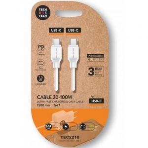 Cable USB 2.0 Tipo-C Tech One Tech TEC2210/ USB Tipo-C Macho – USB Tipo-C Macho/ Hasta 100W/ 480Mbps/ 1.5m/ Blanco