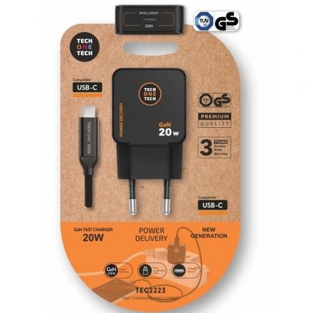 Cargador de Pared GaN Tech One Tech TEC2223/ 1xUSB Tipo-C + Cable USB Tipo-C/ 20W/ Negro - Imagen 5