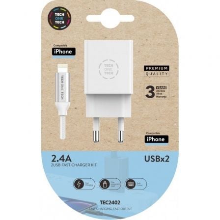 Cargador de Pared Tech One Tech TEC2402/ 2xUSB + Cable Lightning/ 12W/ Blanco - Imagen 5