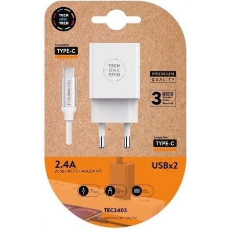 Cargador de Pared Tech One Tech TEC2403/ 2xUSB + Cable USB Tipo-C/ 12W/ Blanco - Imagen 4