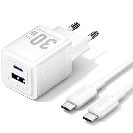 Cargador de Pared GaN Vention TZ-FEQW0-EU-01/ 1xUSB Tipo-C/ 1xUSB + Cable USB Tipo-C/ 30W - Imagen 2
