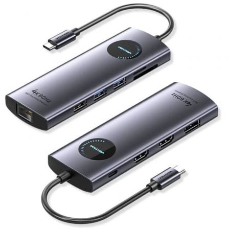 Docking USB Tipo-C Vention TQWHB/ 2xHDMI 4K/ 1xDisplayPort/ 3xUSB/ 1xUSB Tipo-C PD/ 1xRJ45/ 1xLector Tarjetas/ Gris - Imagen 3