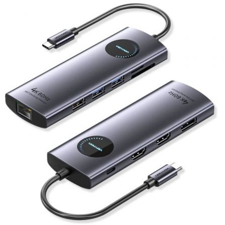 Docking USB Tipo-C Vention TQWHB/ 2xHDMI 4K/ 1xDisplayPort/ 3xUSB/ 1xUSB Tipo-C PD/ 1xRJ45/ 1xLector Tarjetas/ Gris - Imagen 2