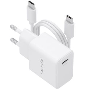 Cargador de Pared GaN Aisens ASCH-20W1P081-W/ 1xUSB Tipo-C/ 20W/ Blanco/ Incluye Cable USB Tipo-C
