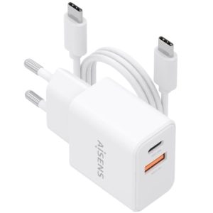 Cargador de Pared GaN Aisens ASCH-20W2P083-W/ 1xUSB Tipo-C/ 1xUSB/ 20W/ Blanco/ Incluye Cable USB Tipo-C