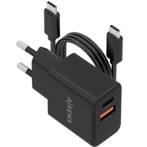 Cargador de Pared GaN Aisens ASCH-20W2P084-BK/ 1xUSB Tipo-C/ 1xUSB/ 20W/ Incluye Cable USB Tipo-C