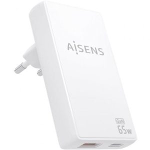 Cargador de Pared GaN Aisens ASCH-65W2P076-W/ 1xUSB Tipo-C/ 1xUSB/ 65W/ Blanco