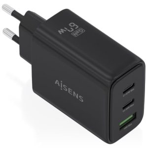 Cargador de Pared GaN Aisens ASCH-67W3P087-BK/ 2xUSB Tipo-C/ 1xUSB/ 67W