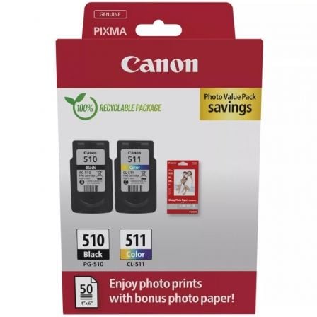 Cartucho de Tinta Original Canon PG-510 + CL-511 Multipack/ Negro/ Tricolor + Papel Fotográfico - Imagen 2