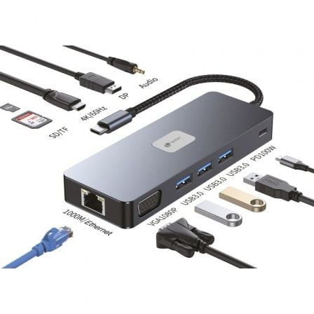 Docking USB Tipo-C Leotec LEDS03/ 3xUSB/ 1xUSB Tipo-C PD/ 1xHDMI 4K/ 1xDisplayPort/ 1xVGA/ 1xAudio/ 1xRJ45/ 1xLector Tarjetas SD y MicroSD/ Gris - Imagen 9