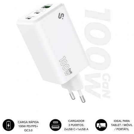 Cargador de Pared GaN Subblim 100W Charger USB C+C+A/ 2xUSB Tipo-C/ 1xUSB/ 100W - Imagen 9