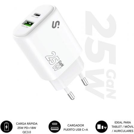 Cargador de Pared GaN Subblim 25W Charger USB C+A/ 1xUSB Tipo-C/ 1xUSB/ 25W - Imagen 2