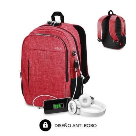 Mochila Subblim Urban Lock para Portátiles hasta 16"/ Puerto USB/ Antirrobo/ Roja - Imagen 3