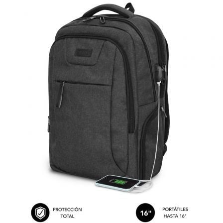 Mochila Subblim Professional Air Padding Backpack para Portátiles hasta 16"/ Puerto USB/ Negra - Imagen 2