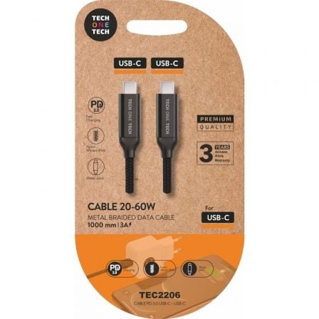Cable USB 2.0 Tipo-C Tech One Tech TEC2206/ USB Tipo-C Macho - USB Tipo-C Macho/ Hasta 60W/ 480Mbps/ 1m/ Negro - Imagen 9