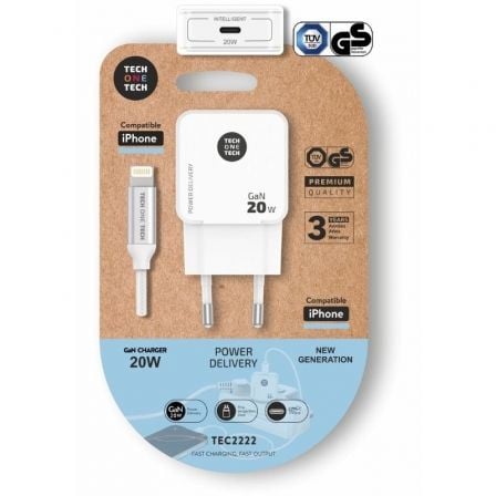 Cargador de Pared Tech One Tech TEC2222/ 1xUSB Tipo-C + Cable Lightning/ 20W/ Blanco - Imagen 6