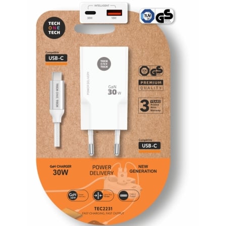 Cargador de Pared Tech One Tech TEC2231/ 1xUSB Tipo-C/ 1xUSB + Cable USB Tipo-C/ 30W/ Blanco - Imagen 6