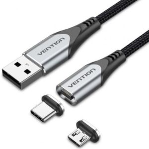 Cable de Carga Magnético USB Tipo-C con Adaptador MicroUSB Vention CQMHD/ MicroUSB Macho – USB Tipo-C Macho/ USB Macho/ Hasta 60W/ 480Mbps/ 50cm/ Gris